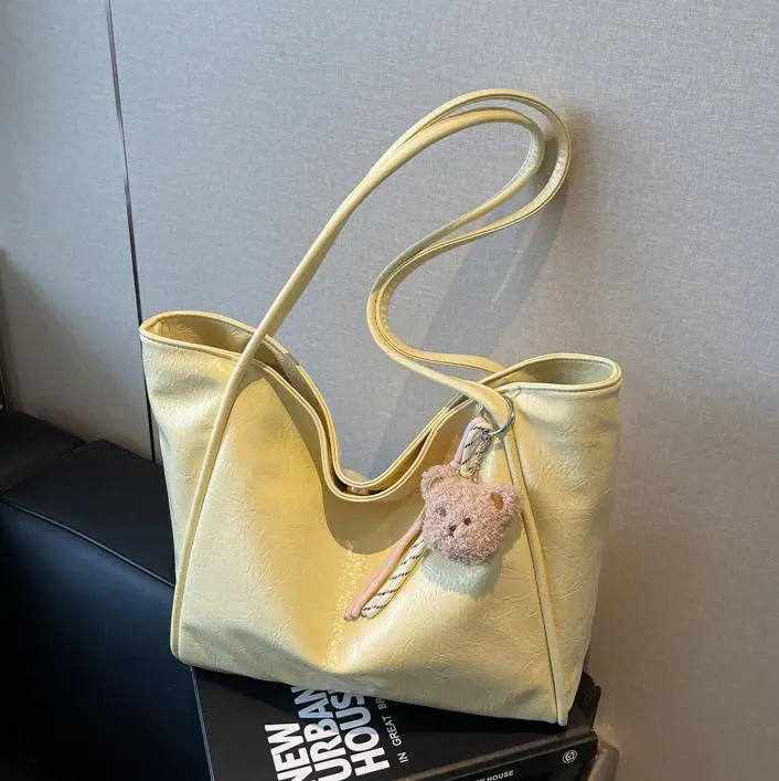 Women's Large Capacity Beige Shoulder Bag with Bear Earrings