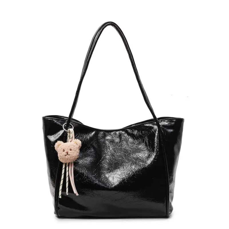 Women's Large Capacity Beige Shoulder Bag with Bear Earrings