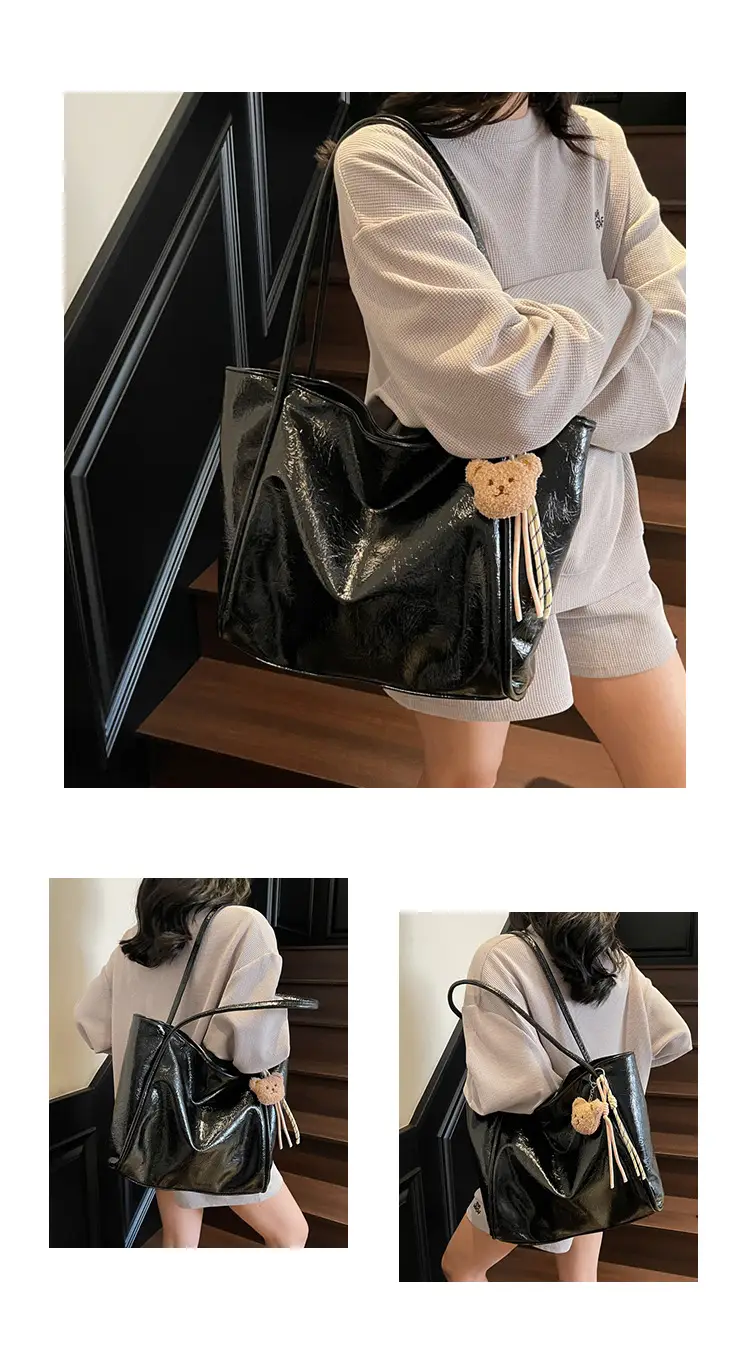 Women's Large Capacity Beige Shoulder Bag with Bear Earrings — feature 11