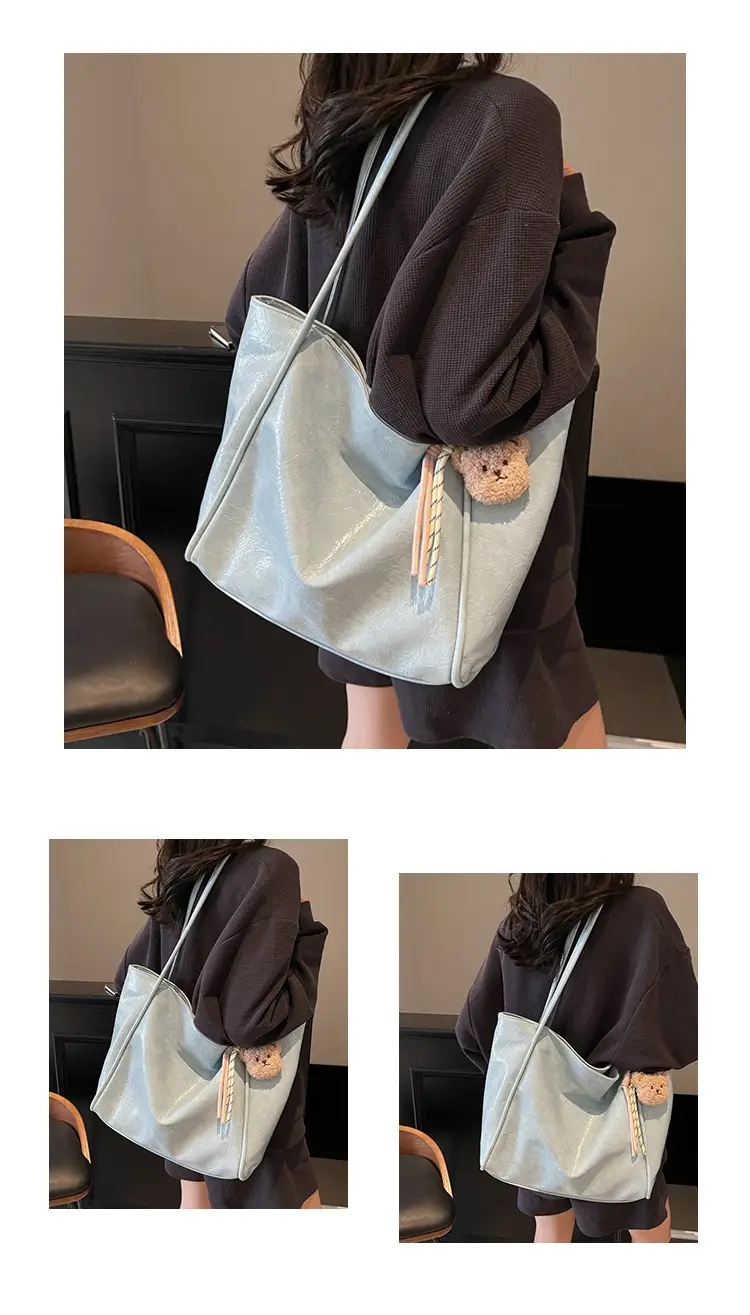 Women's Large Capacity Beige Shoulder Bag with Bear Earrings — feature 12