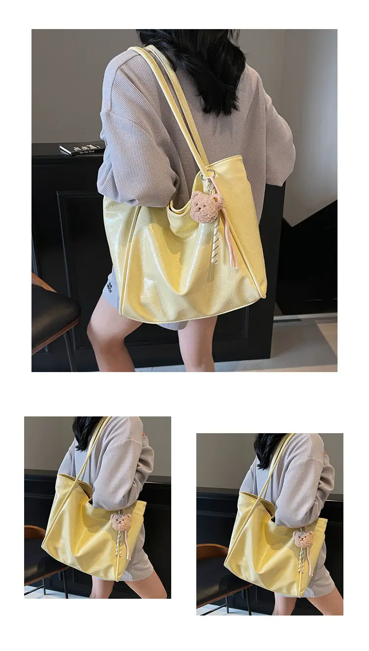 Women's Large Capacity Beige Shoulder Bag with Bear Earrings — feature 13