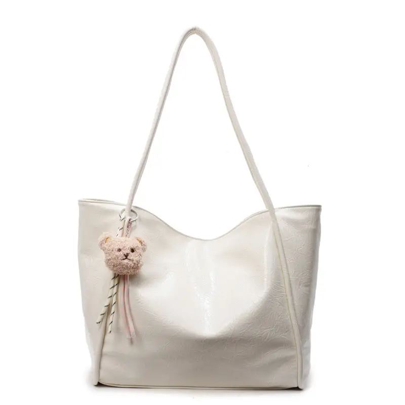 Women's Large Capacity Beige Shoulder Bag with Bear Earrings