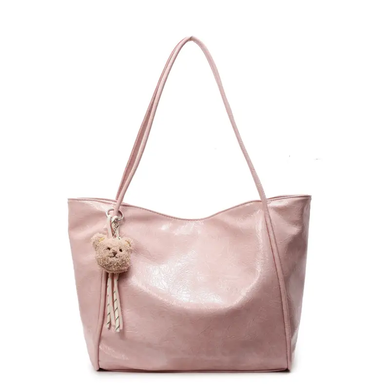Women's Large Capacity Beige Shoulder Bag with Bear Earrings
