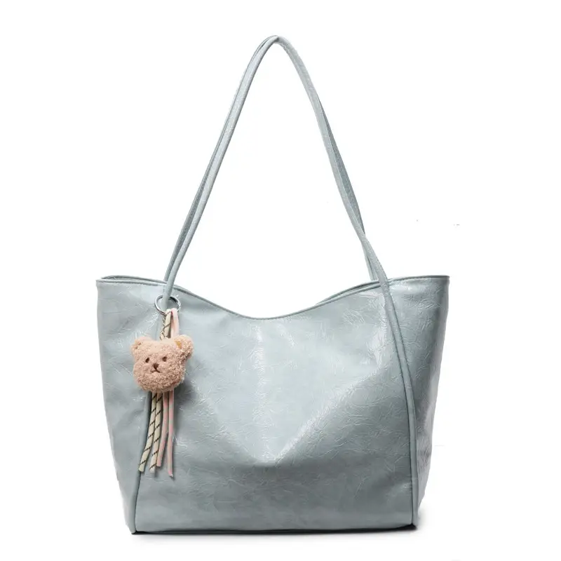Women's Large Capacity Beige Shoulder Bag with Bear Earrings