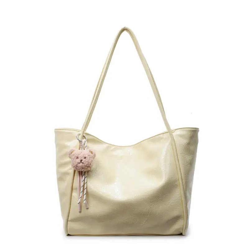 Women's Large Capacity Beige Shoulder Bag with Bear Earrings
