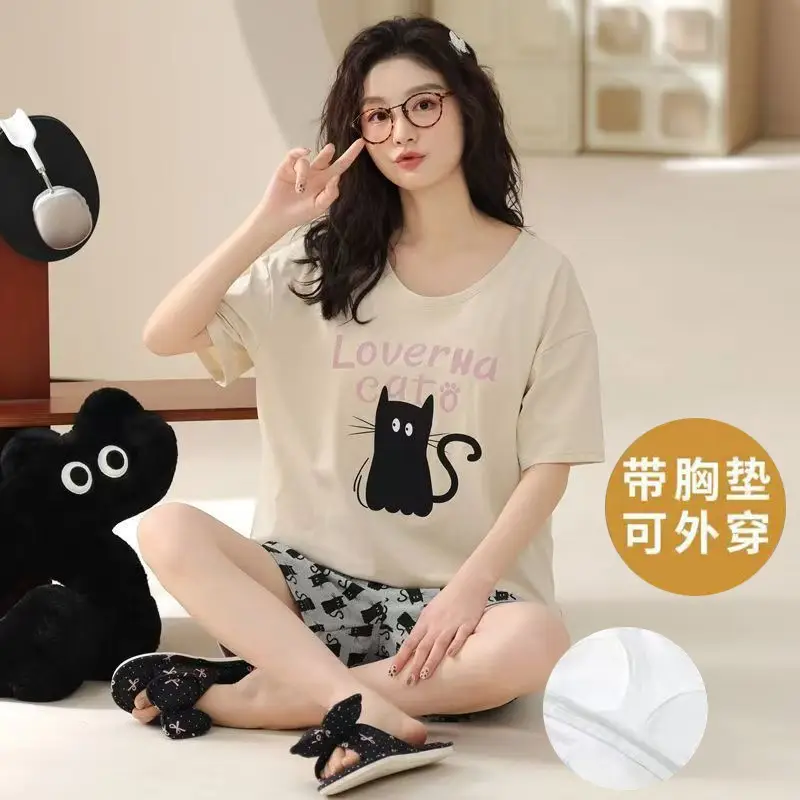 New Summer Pajamas Women's Pure Cotton Short-sleeved Shorts with Chest Pad Pure Cotton Thin Round Neck Cute Dormitory Outer Wear suit