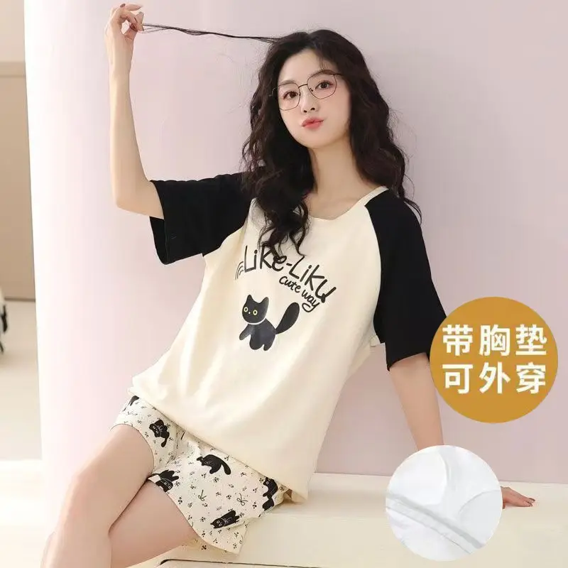 New Summer Pajamas Women's Pure Cotton Short-sleeved Shorts with Chest Pad Pure Cotton Thin Round Neck Cute Dormitory Outer Wear suit