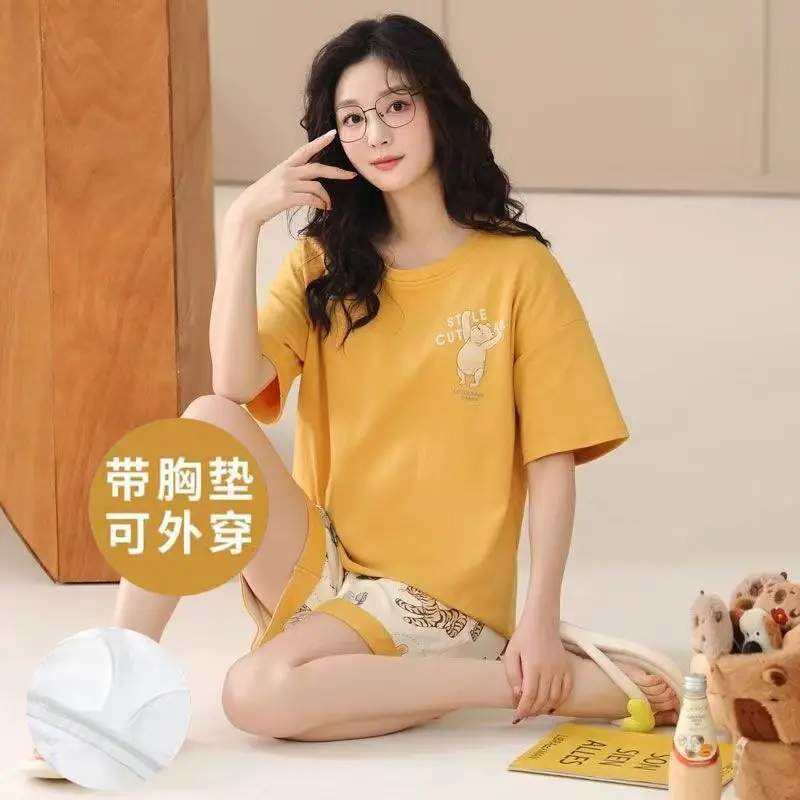 New Summer Pajamas Women's Pure Cotton Short-sleeved Shorts with Chest Pad Pure Cotton Thin Round Neck Cute Dormitory Outer Wear suit