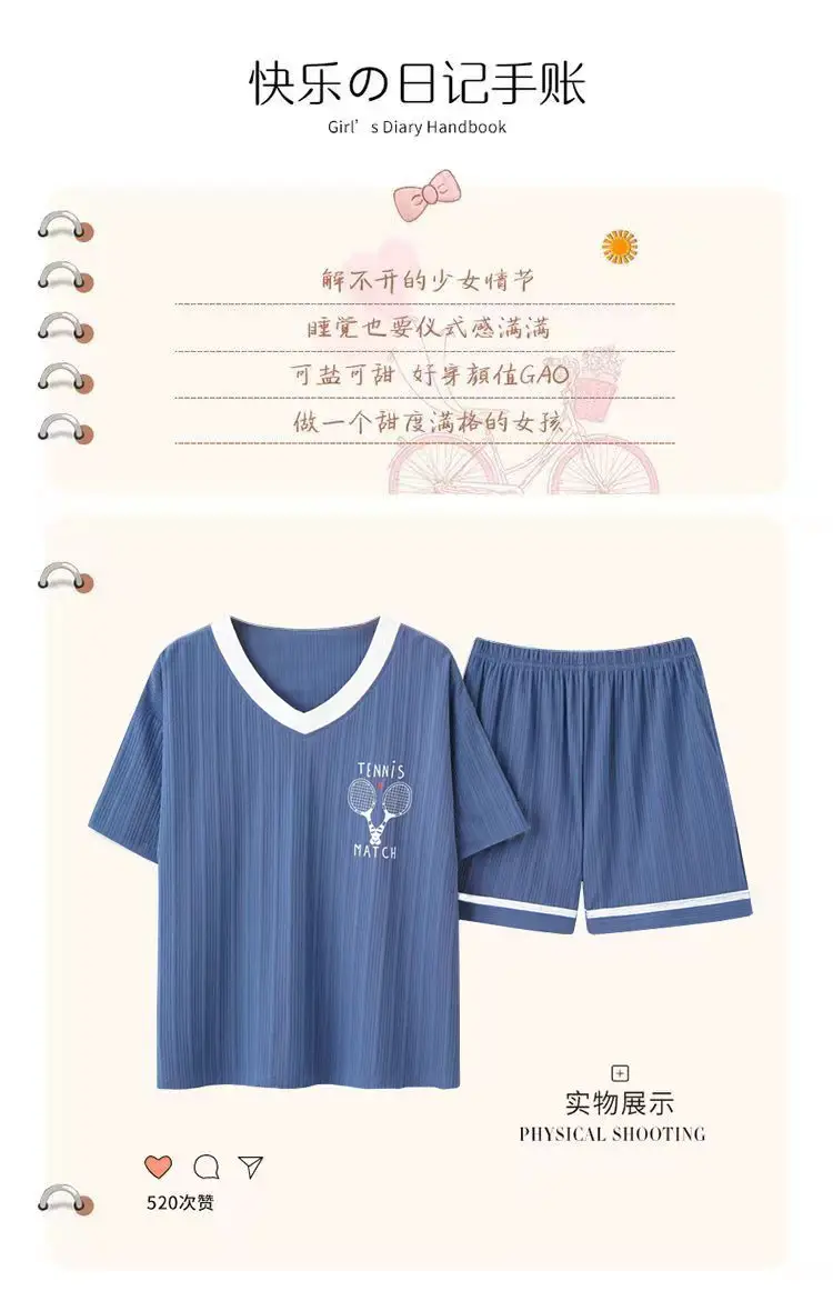 New Summer Pajamas Women's Pure Cotton Short-sleeved Shorts with Chest Pad Pure Cotton Thin Round Neck Cute Dormitory Outer Wear suit — feature 2