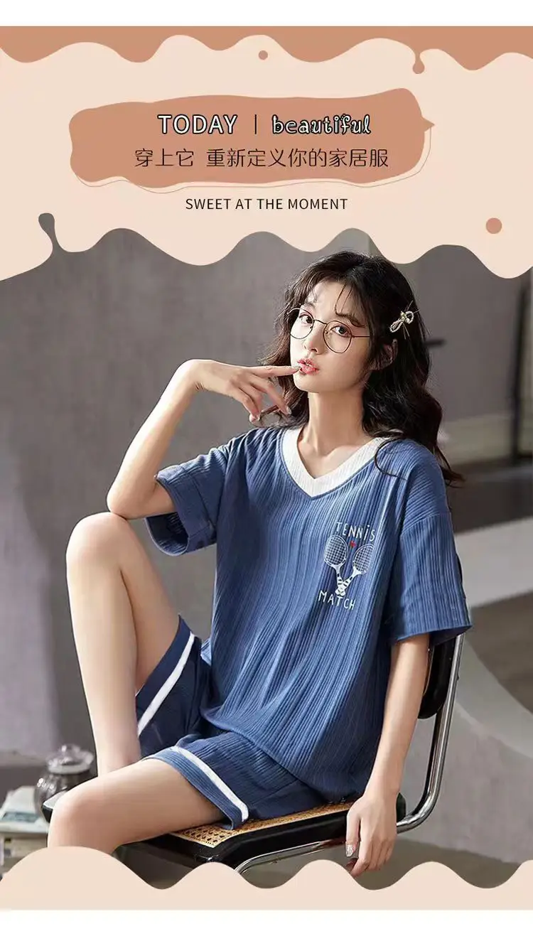 New Summer Pajamas Women's Pure Cotton Short-sleeved Shorts with Chest Pad Pure Cotton Thin Round Neck Cute Dormitory Outer Wear suit — feature 3