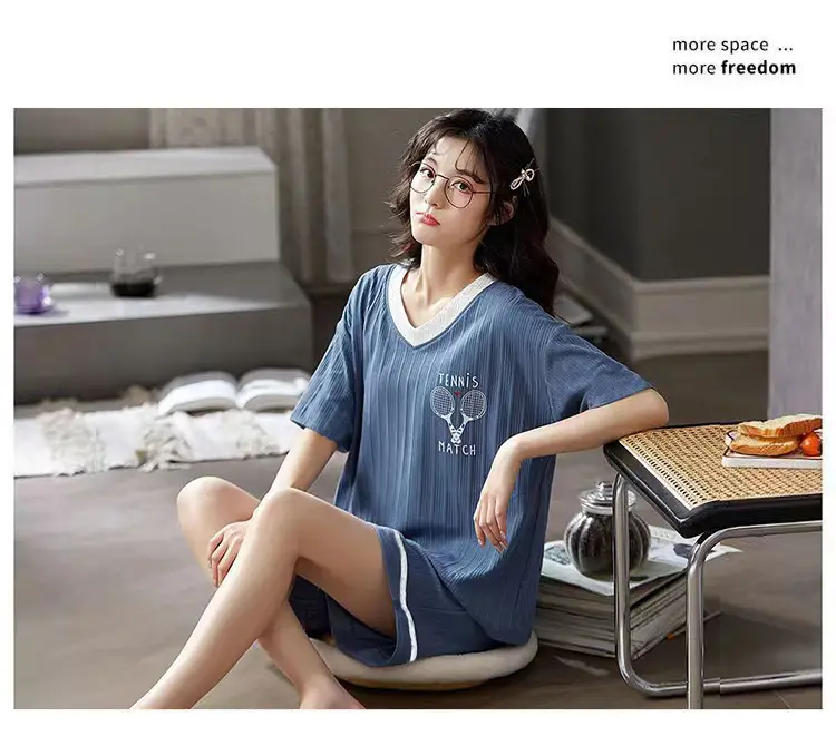 New Summer Pajamas Women's Pure Cotton Short-sleeved Shorts with Chest Pad Pure Cotton Thin Round Neck Cute Dormitory Outer Wear suit — feature 4