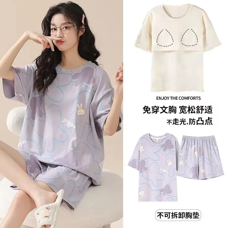 New Summer Pajamas Women's Pure Cotton Short-sleeved Shorts with Chest Pad Pure Cotton Thin Round Neck Cute Dormitory Outer Wear suit
