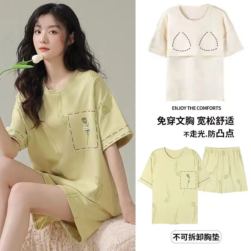 New Summer Pajamas Women's Pure Cotton Short-sleeved Shorts with Chest Pad Pure Cotton Thin Round Neck Cute Dormitory Outer Wear suit