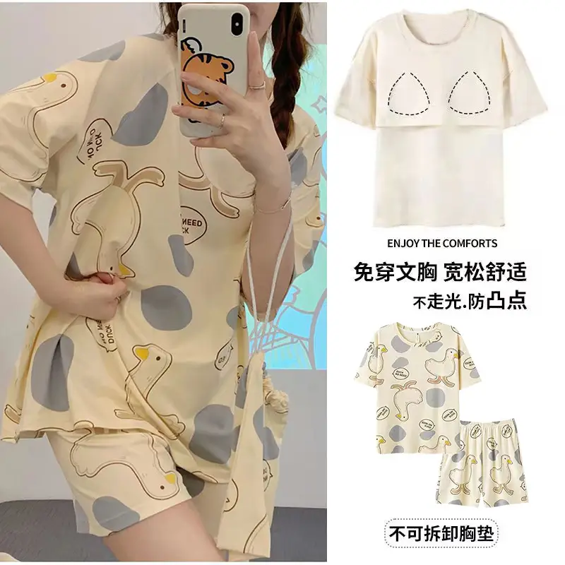 New Summer Pajamas Women's Pure Cotton Short-sleeved Shorts with Chest Pad Pure Cotton Thin Round Neck Cute Dormitory Outer Wear suit
