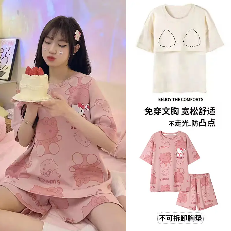New Summer Pajamas Women's Pure Cotton Short-sleeved Shorts with Chest Pad Pure Cotton Thin Round Neck Cute Dormitory Outer Wear suit