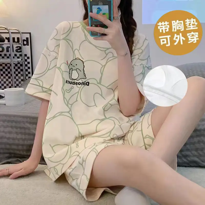 New Summer Pajamas Women's Pure Cotton Short-sleeved Shorts with Chest Pad Pure Cotton Thin Round Neck Cute Dormitory Outer Wear suit