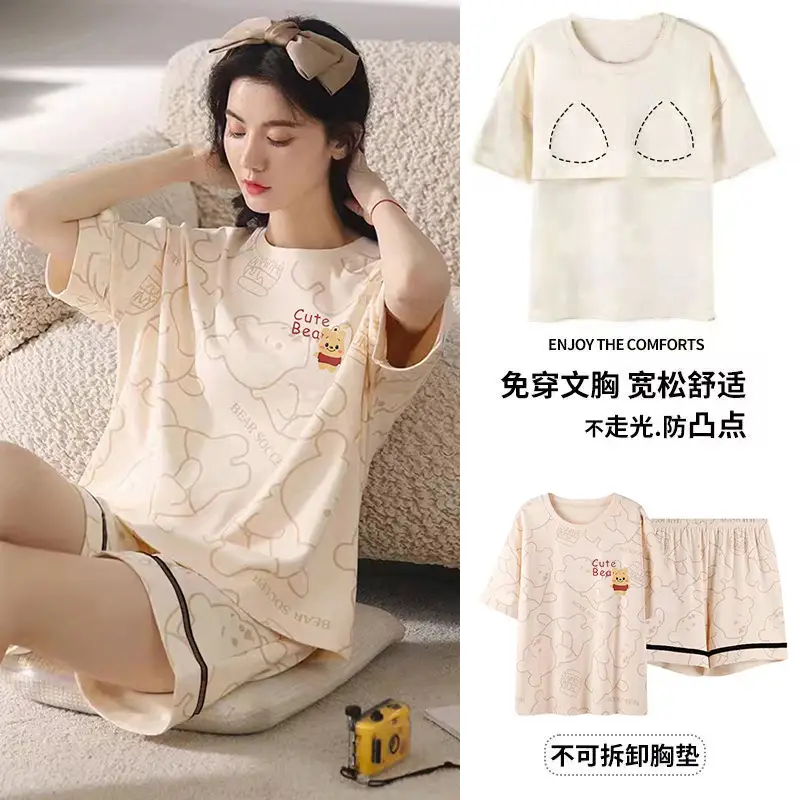 New Summer Pajamas Women's Pure Cotton Short-sleeved Shorts with Chest Pad Pure Cotton Thin Round Neck Cute Dormitory Outer Wear suit