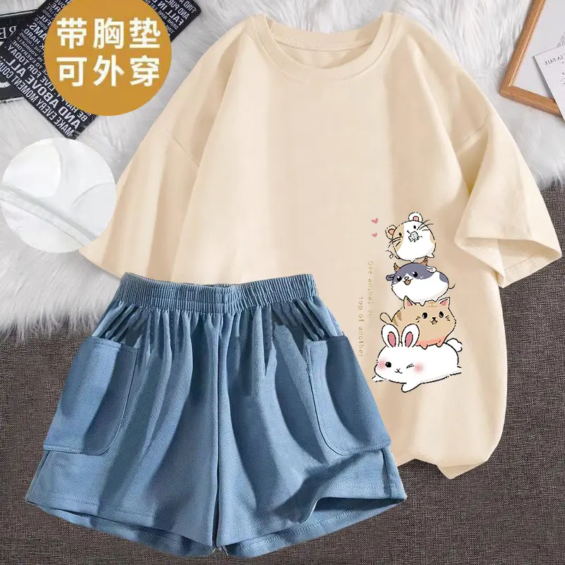 New Summer Pajamas Women's Pure Cotton Short-sleeved Shorts with Chest Pad Pure Cotton Thin Round Neck Cute Dormitory Outer Wear suit
