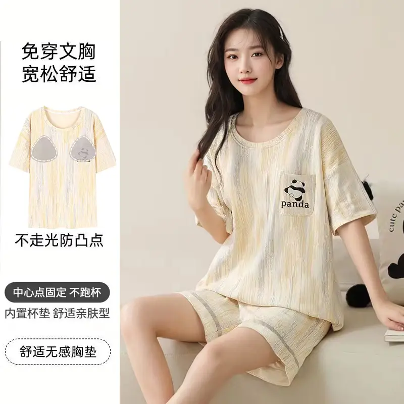 New Summer Pajamas Women's Pure Cotton Short-sleeved Shorts with Chest Pad Pure Cotton Thin Round Neck Cute Dormitory Outer Wear suit