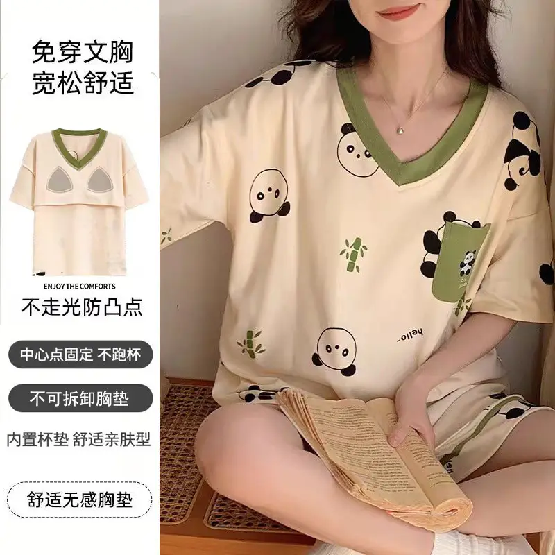 New Summer Pajamas Women's Pure Cotton Short-sleeved Shorts with Chest Pad Pure Cotton Thin Round Neck Cute Dormitory Outer Wear suit