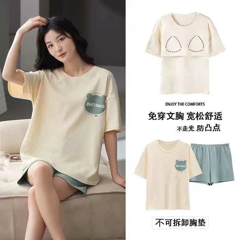 New Summer Pajamas Women's Pure Cotton Short-sleeved Shorts with Chest Pad Pure Cotton Thin Round Neck Cute Dormitory Outer Wear suit