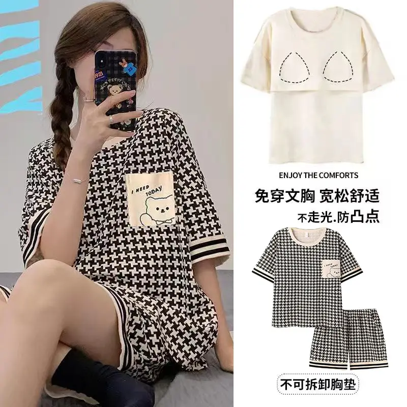 New Summer Pajamas Women's Pure Cotton Short-sleeved Shorts with Chest Pad Pure Cotton Thin Round Neck Cute Dormitory Outer Wear suit