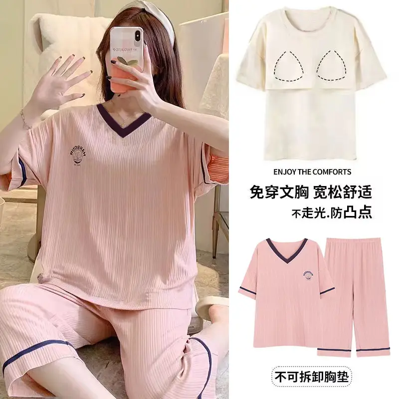 New Summer Pajamas Women's Pure Cotton Short-sleeved Shorts with Chest Pad Pure Cotton Thin Round Neck Cute Dormitory Outer Wear suit