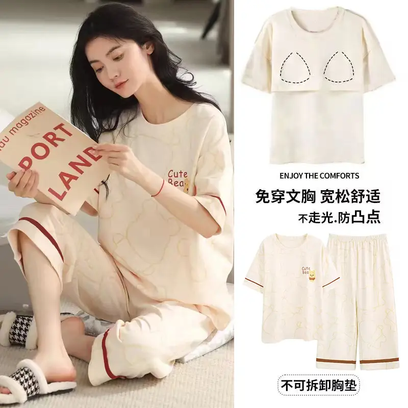New Summer Pajamas Women's Pure Cotton Short-sleeved Shorts with Chest Pad Pure Cotton Thin Round Neck Cute Dormitory Outer Wear suit