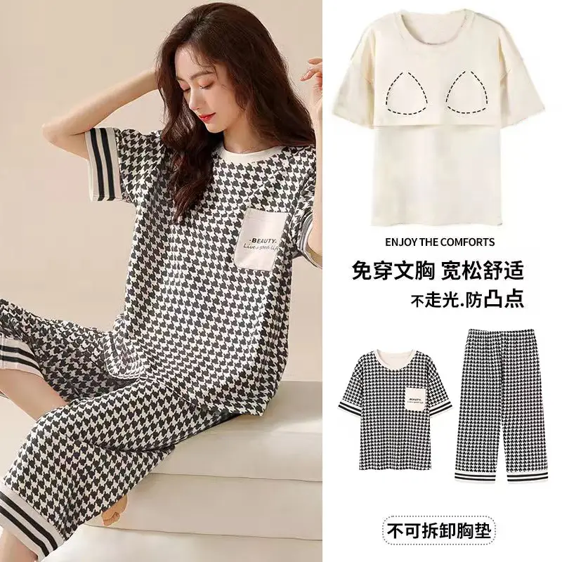 New Summer Pajamas Women's Pure Cotton Short-sleeved Shorts with Chest Pad Pure Cotton Thin Round Neck Cute Dormitory Outer Wear suit