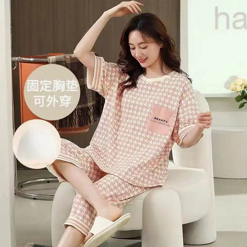New Summer Pajamas Women's Pure Cotton Short-sleeved Shorts with Chest Pad Pure Cotton Thin Round Neck Cute Dormitory Outer Wear suit