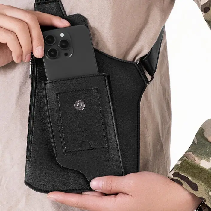 Men's Black Multifunctional Shoulder Bag with Zip Pockets