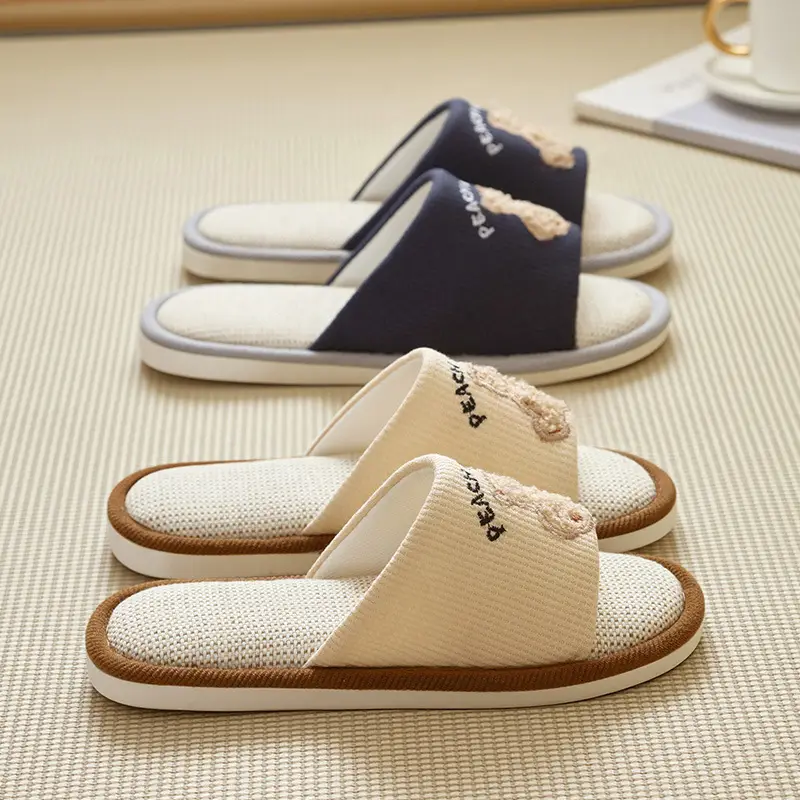 Cartoon Linen Slippers Men's Spring and Autumn Mute Indoor Breathable Home Cute Opening Cotton Linen Slippers Women's Winter and Summer
