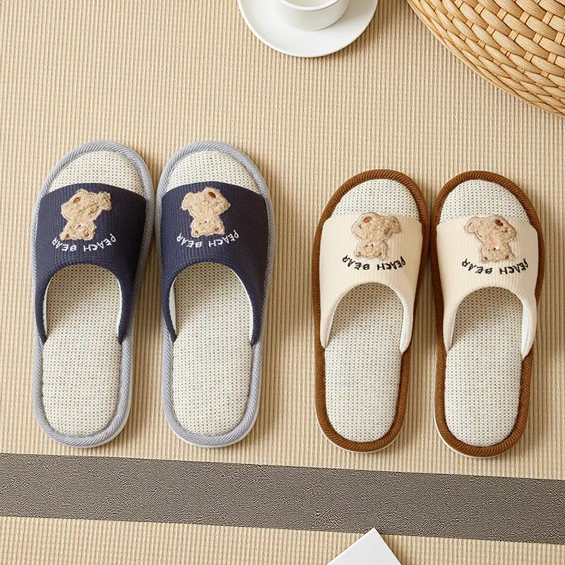 Cartoon Linen Slippers Men's Spring and Autumn Mute Indoor Breathable Home Cute Opening Cotton Linen Slippers Women's Winter and Summer