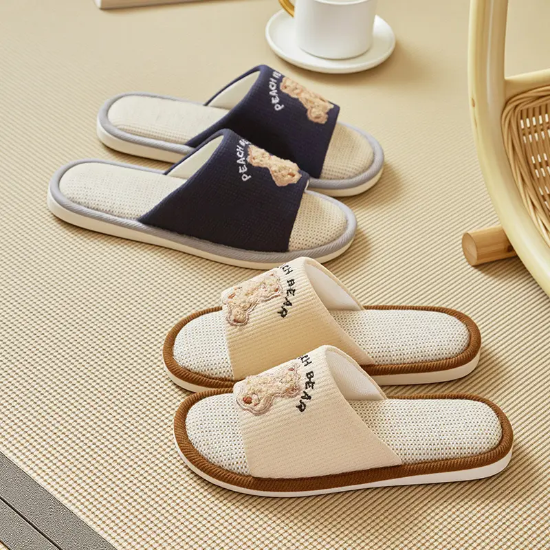Cartoon Linen Slippers Men's Spring and Autumn Mute Indoor Breathable Home Cute Opening Cotton Linen Slippers Women's Winter and Summer