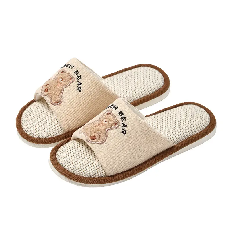 Cartoon Linen Slippers Men's Spring and Autumn Mute Indoor Breathable Home Cute Opening Cotton Linen Slippers Women's Winter and Summer