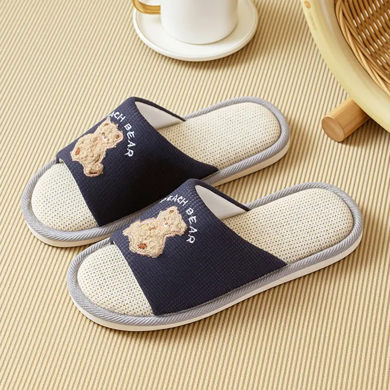 Cartoon Linen Slippers Men's Spring and Autumn Mute Indoor Breathable Home Cute Opening Cotton Linen Slippers Women's Winter and Summer
