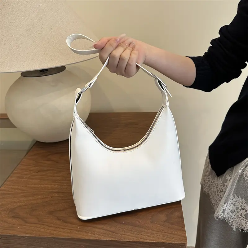 White Leather Shoulder Bag with Silver Handle for Women - Image 8
