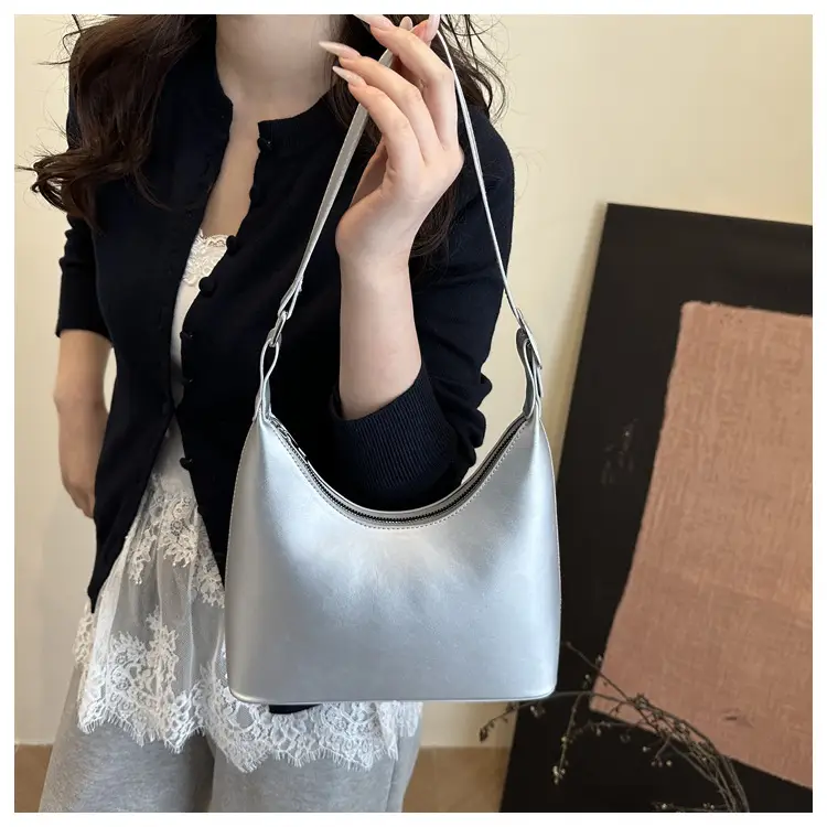 White Leather Shoulder Bag with Silver Handle for Women — feature 13