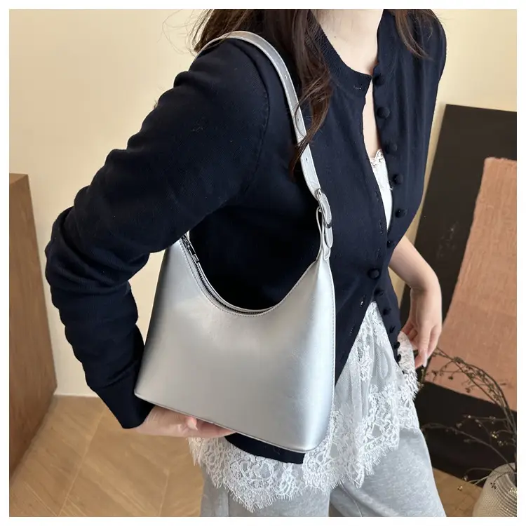 White Leather Shoulder Bag with Silver Handle for Women — feature 15