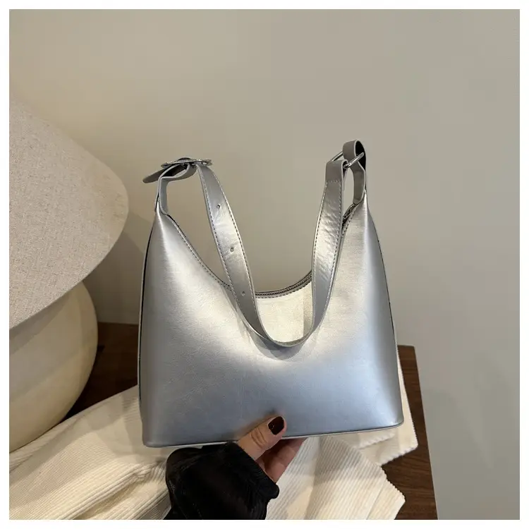 White Leather Shoulder Bag with Silver Handle for Women - Image 2