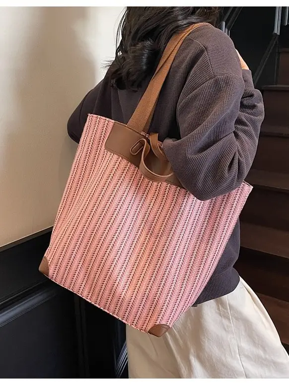 Women's Striped Crossbody Tote Bag Pink Brown
