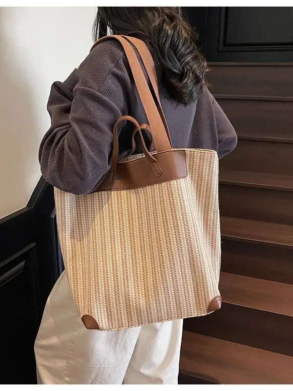 Women's Striped Crossbody Tote Bag Pink Brown