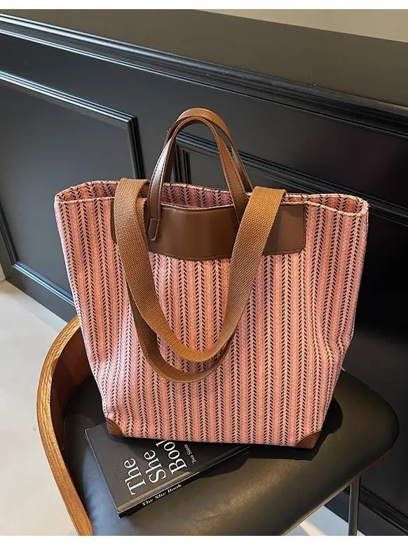 Women's Striped Crossbody Tote Bag Pink Brown