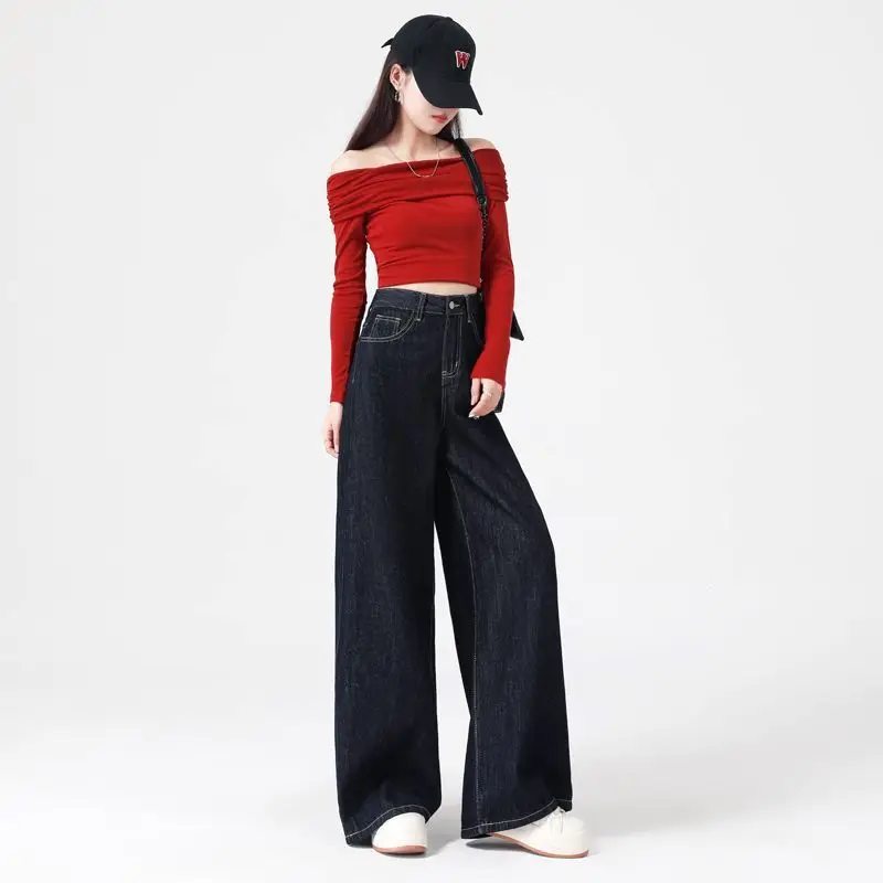 Women's Dark Blue Wide Leg Jeans 2025 Casual Set