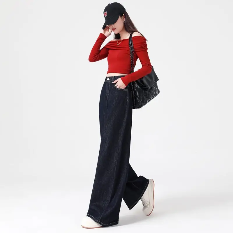 Women's Dark Blue Wide Leg Jeans 2025 Casual Set
