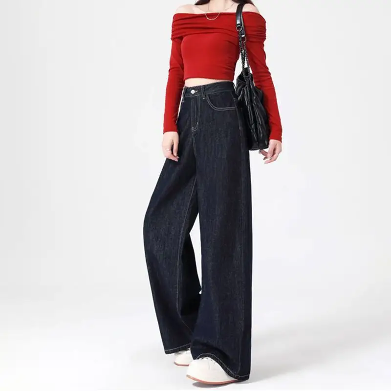 Women's Dark Blue Wide Leg Jeans 2025 Casual Set