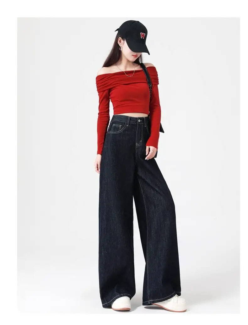 Women's Dark Blue Wide Leg Jeans 2025 Casual Set — feature 11