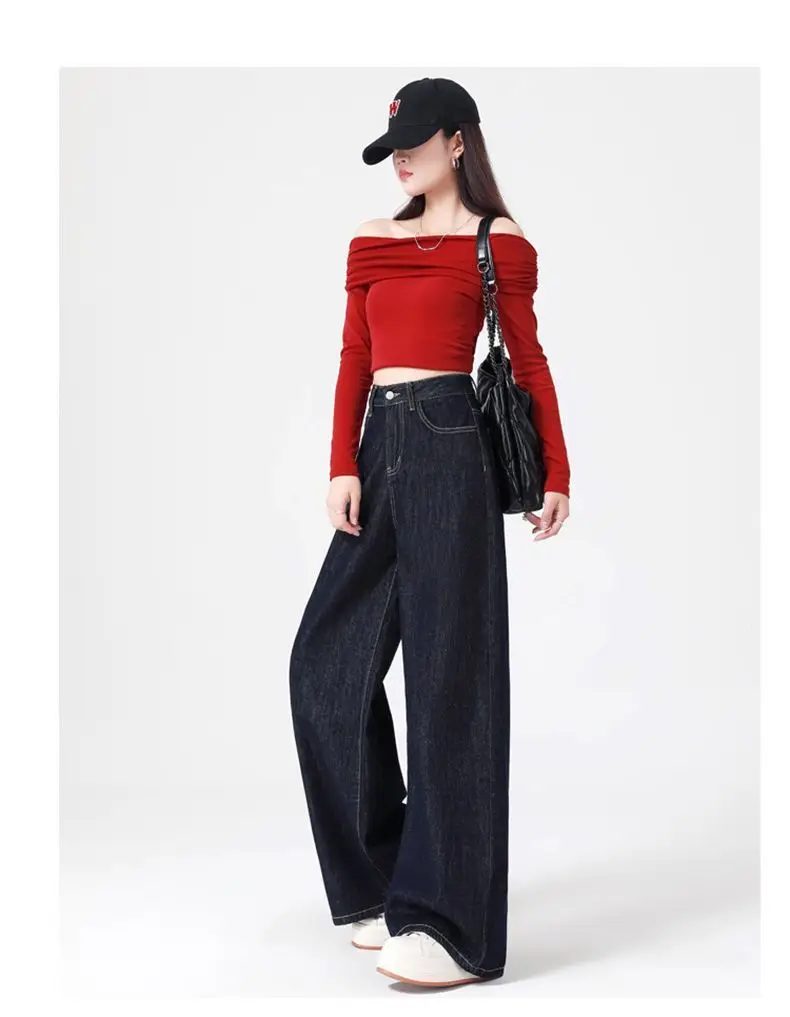 Women's Dark Blue Wide Leg Jeans 2025 Casual Set — feature 14