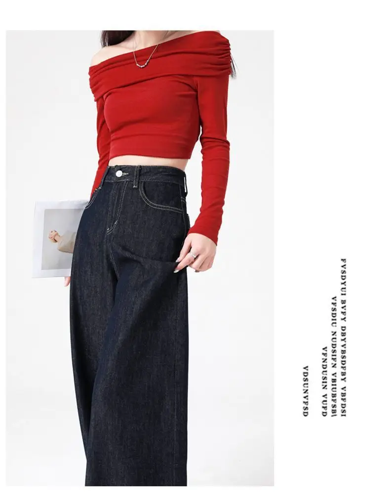 Women's Dark Blue Wide Leg Jeans 2025 Casual Set — feature 15