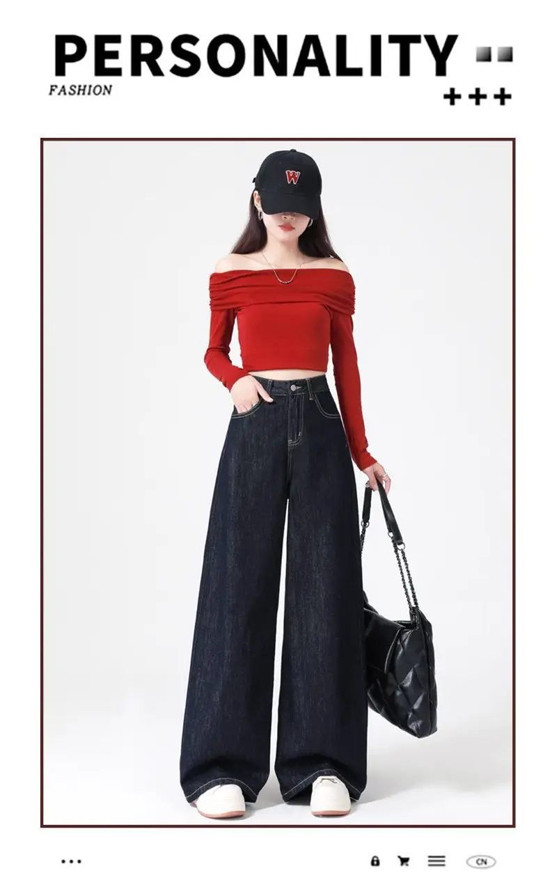 Women's Dark Blue Wide Leg Jeans 2025 Casual Set — feature 2